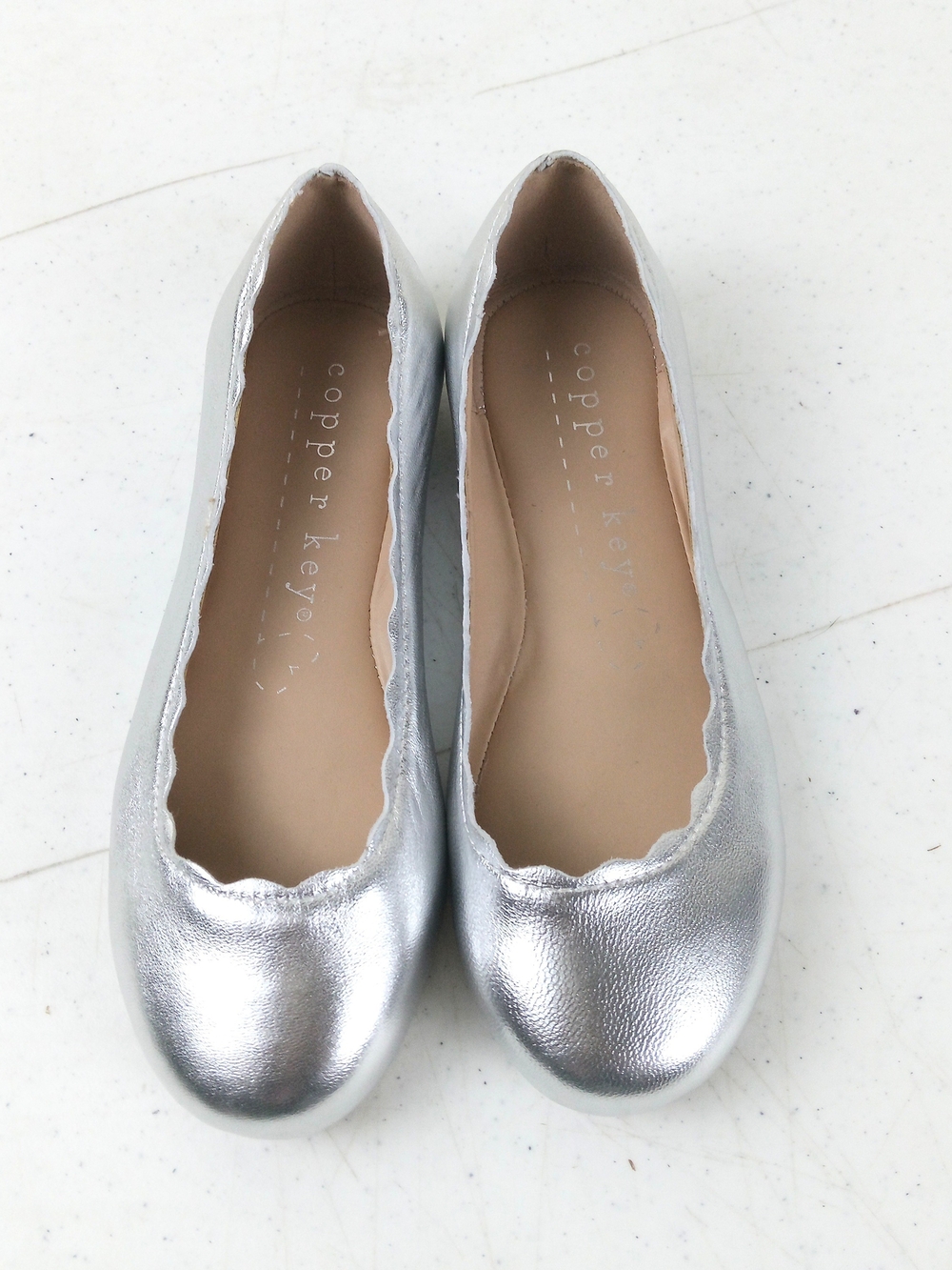Copper Key Leather Silver Ballet Flats - Cushioned Slip-On Girls Shoes Size 13M